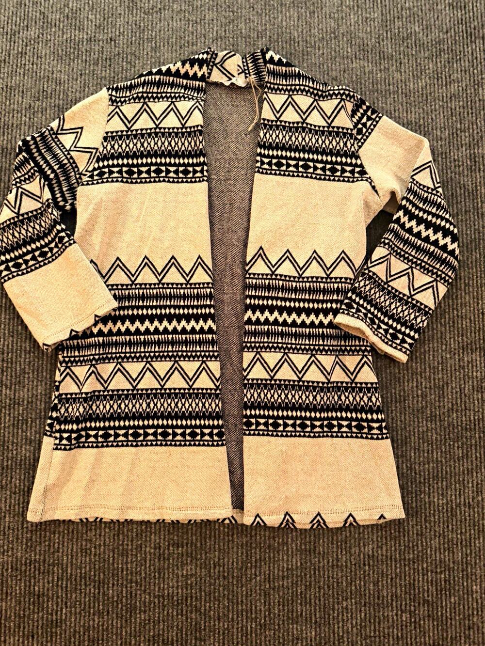 Made in Italy Women's L Geometric Black Cream Open Front Cotton Blend Cardigan